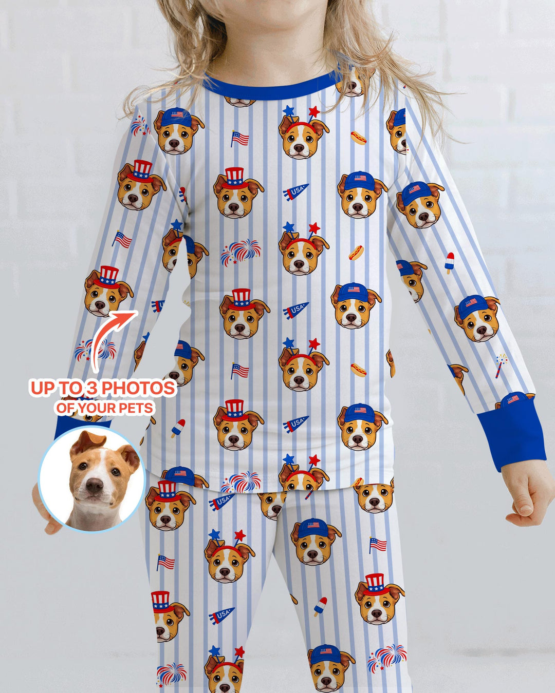 Custom Pet Image 4th of July Family Matching Bamboo Two Piece Long Sleeve Pajama Set