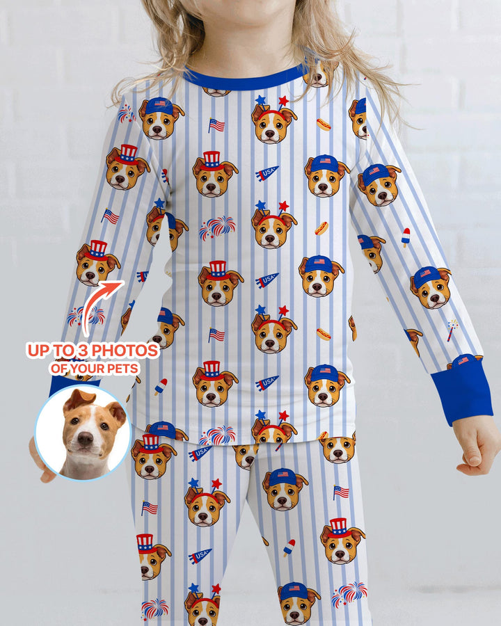 Custom Pet Image 4th of July Family Matching Bamboo Two Piece Long Sleeve Pajama Set