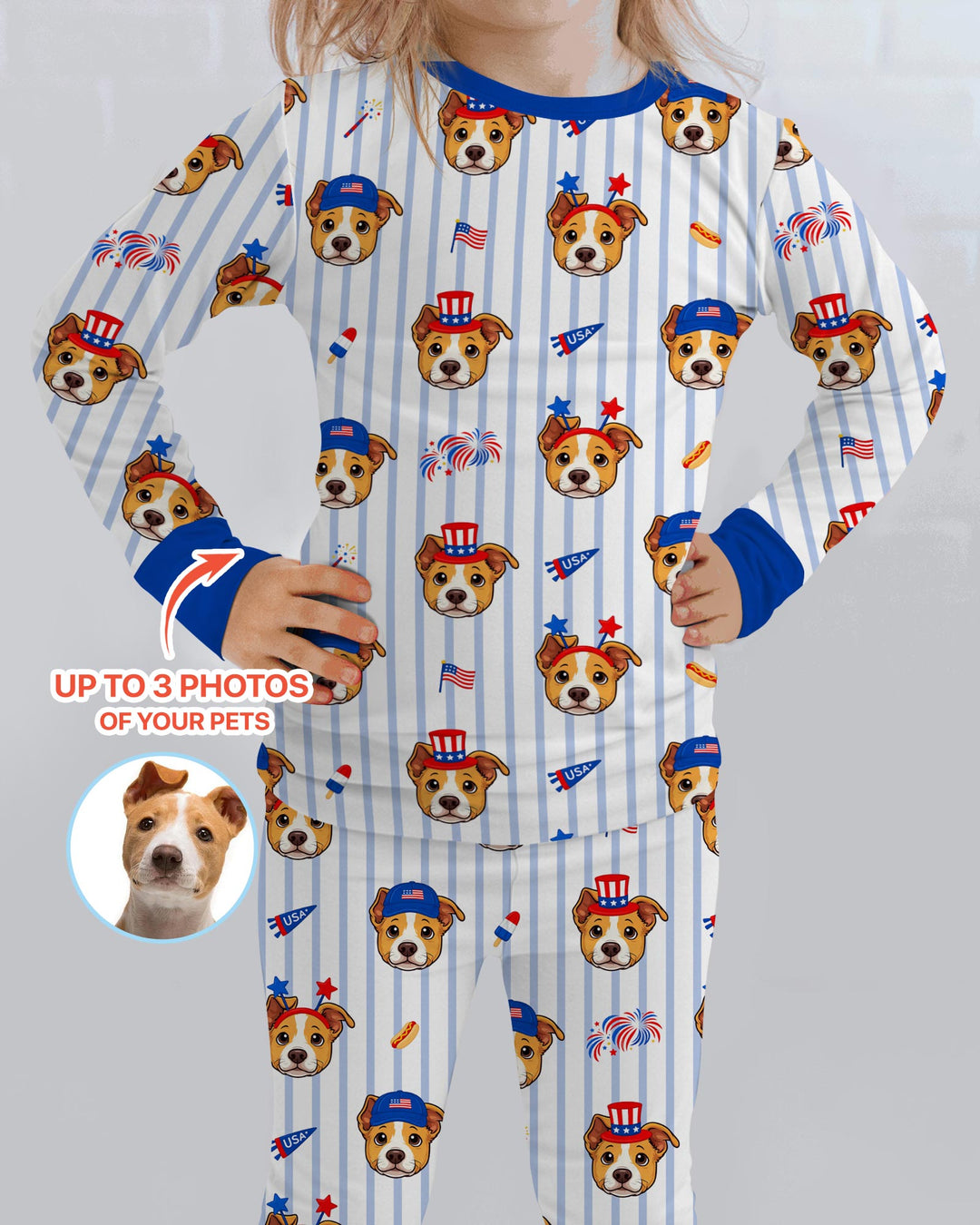 Custom Pet Image 4th of July Family Matching Bamboo Two Piece Long Sleeve Pajama Set