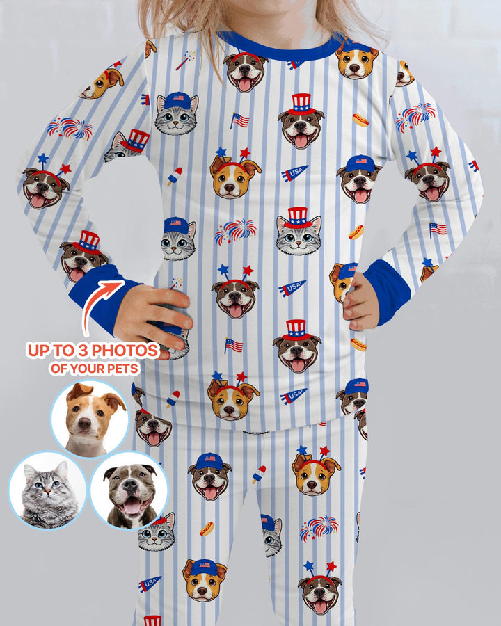 Custom Pet Image 4th of July Family Matching Bamboo Two Piece Long Sleeve Pajama Set