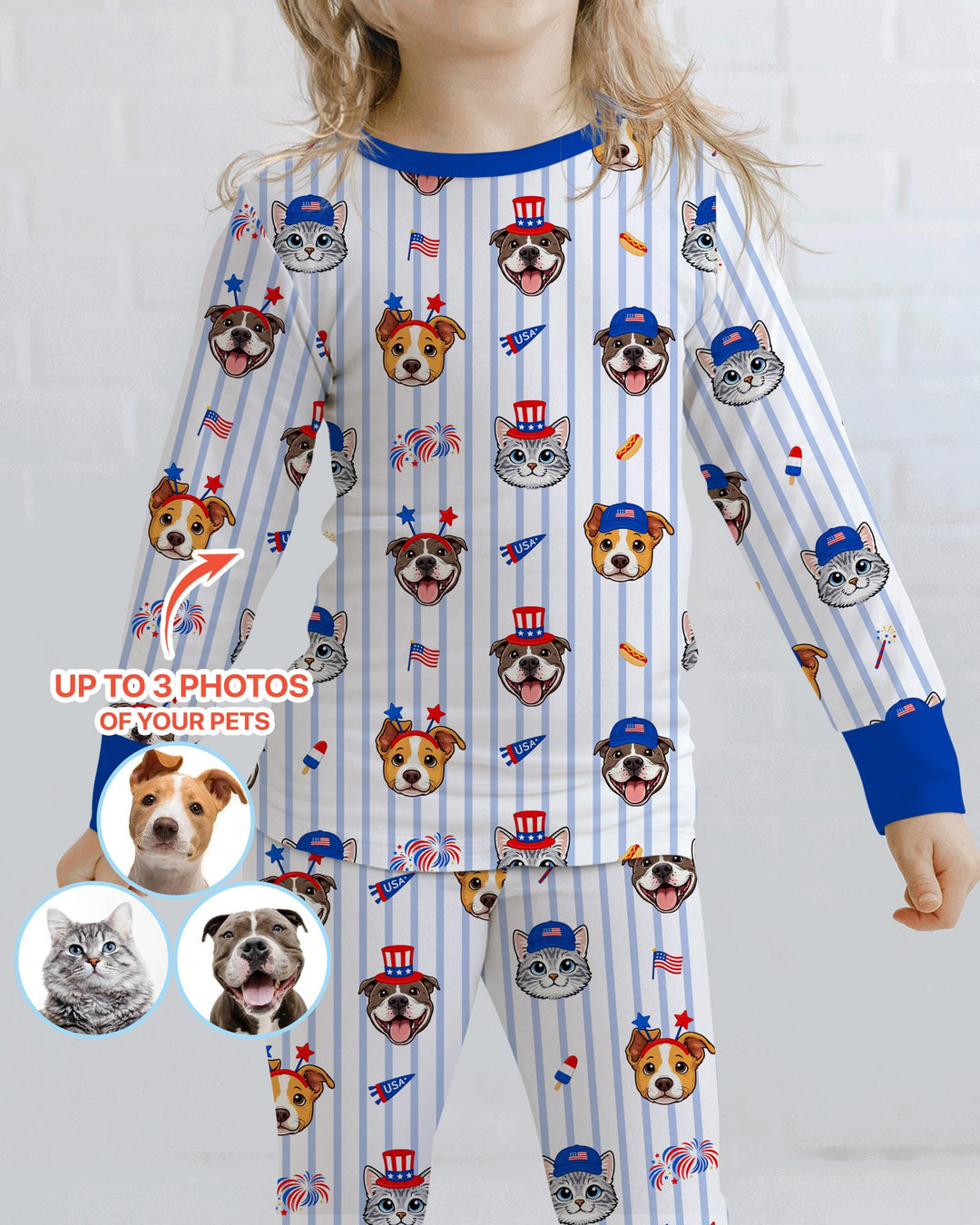 Custom Pet Image 4th of July Family Matching Bamboo Two Piece Long Sleeve Pajama Set