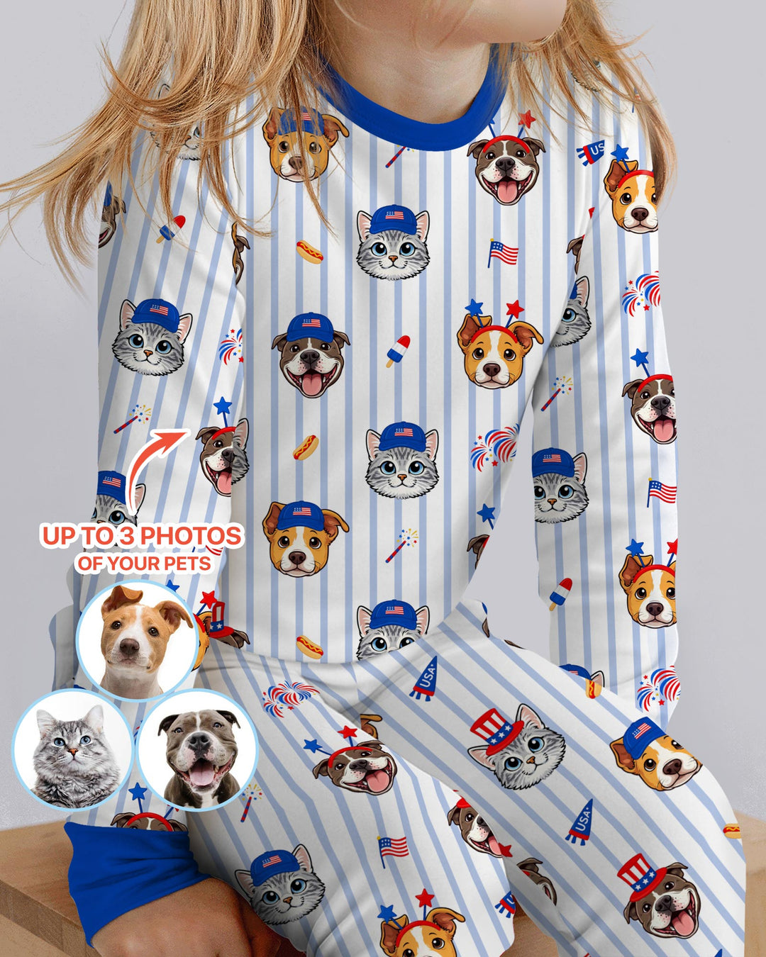 Custom Pet Image 4th of July Family Matching Bamboo Two Piece Long Sleeve Pajama Set
