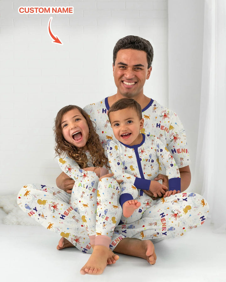 Custom Name Circus Toile Bamboo Two Piece Short Sleeve Shorts Pajama Set