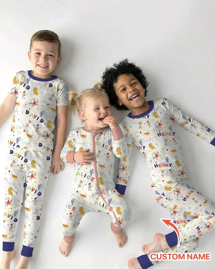 Custom Name Circus Toile Bamboo Two Piece Long Sleeve Pajama Set