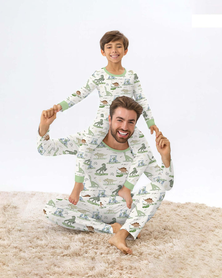Dinos On The Green Daddy & Me Matching Bamboo Two Piece Short Sleeve Shorts Pajama Set