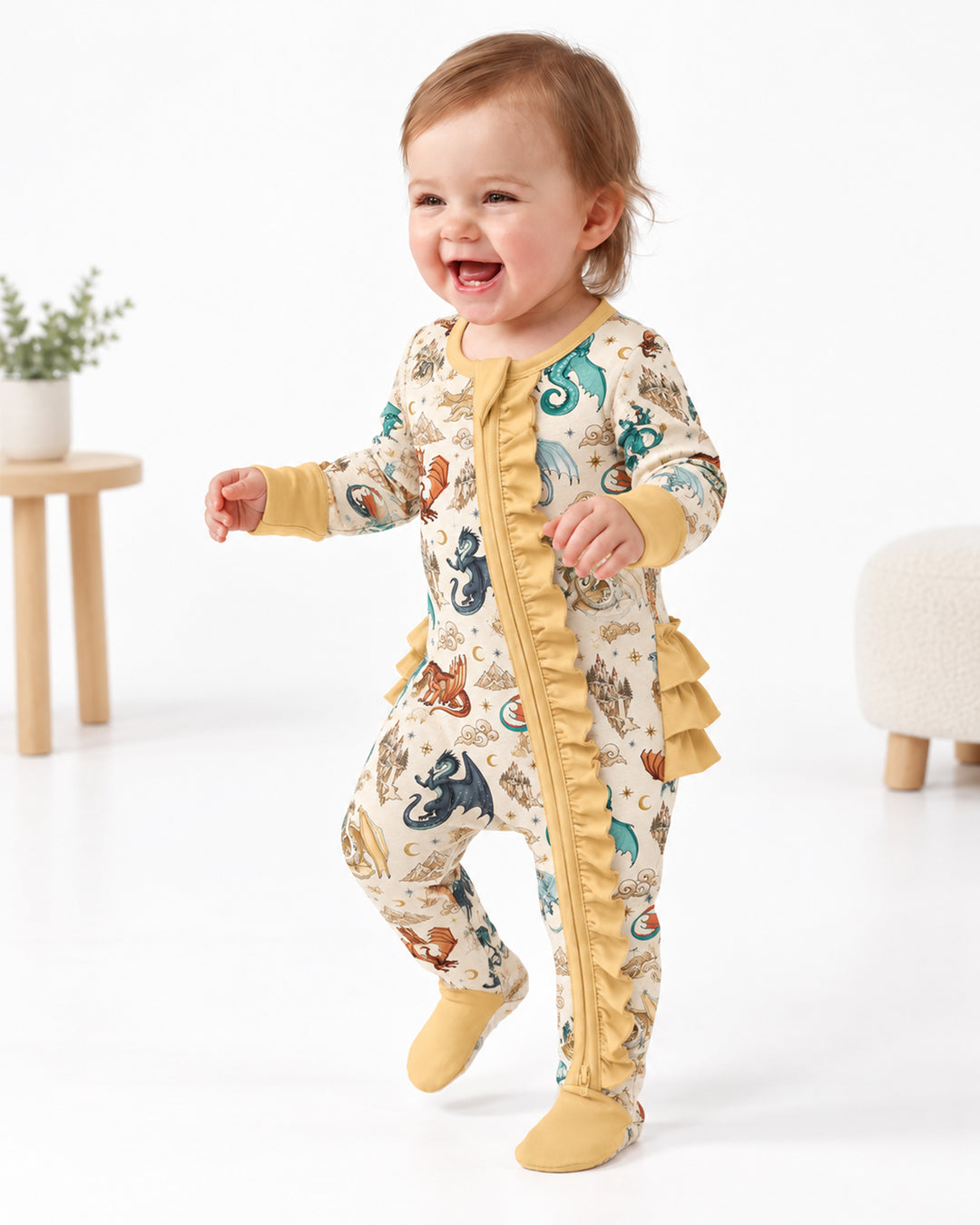 Elemental Dragons Bamboo Zipper Ruffle Footie