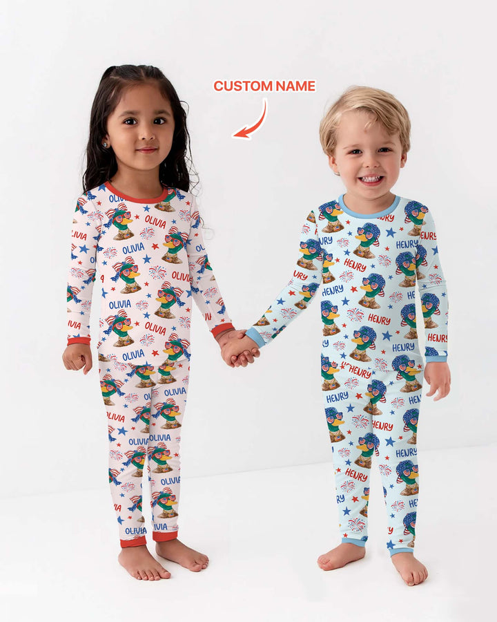 Custom Name Patriotic Mallard Duck Bamboo Two Piece Long Sleeve Pajama Set