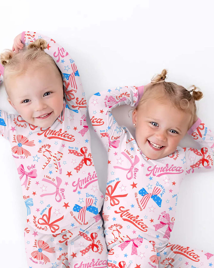 Pink Girly Patriotic Bamboo Two Piece Short Sleeve Pajama Set