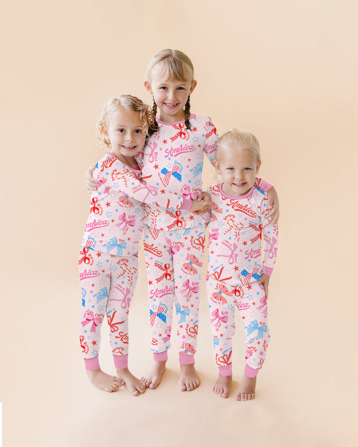 Pink Girly Patriotic  Bamboo Two Piece Short Sleeve Shorts Pajama Set