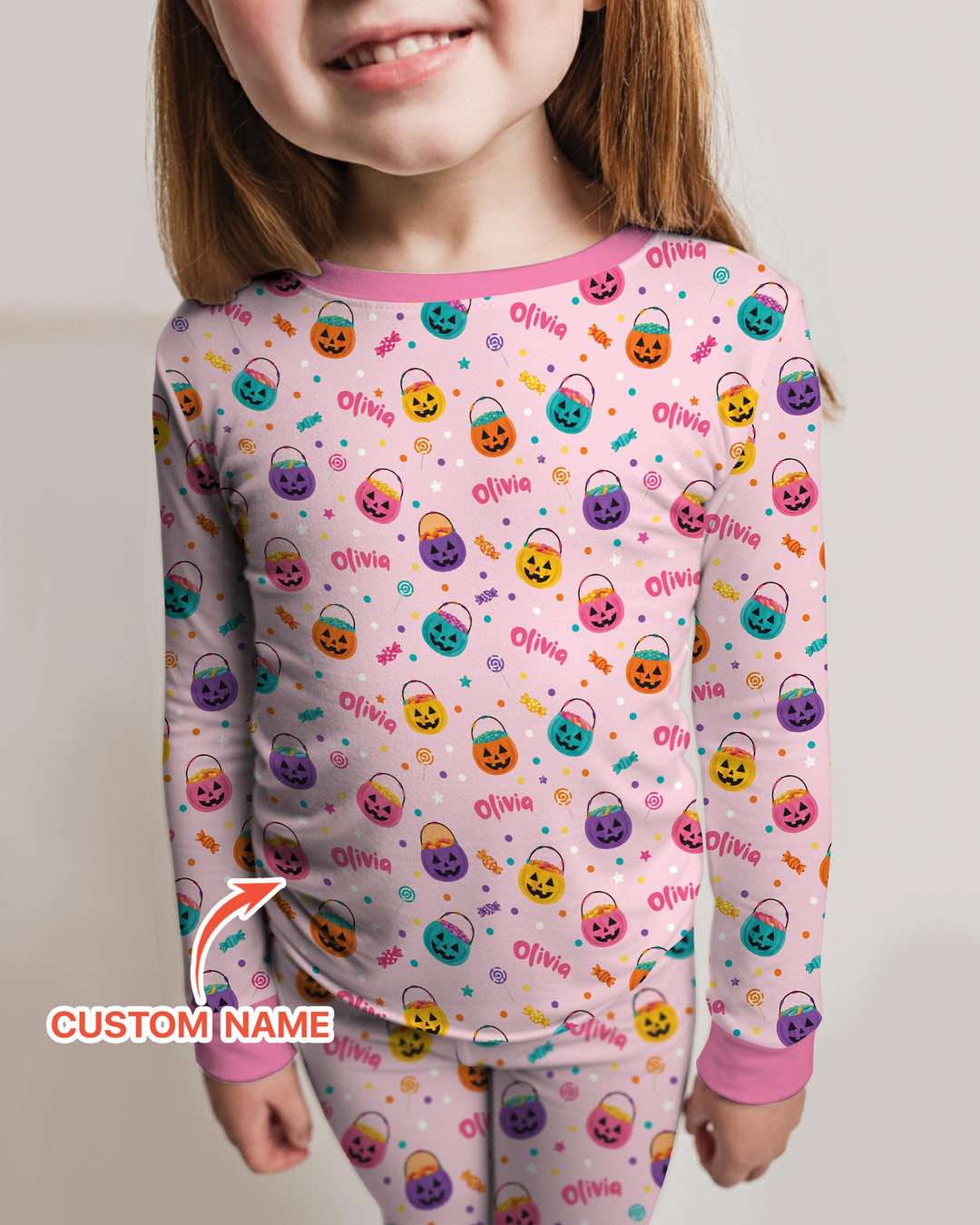 Custom Colorful Trick Or Treat Halloween Candy Bag Bamboo Two Piece Long Sleeve Pajama Set
