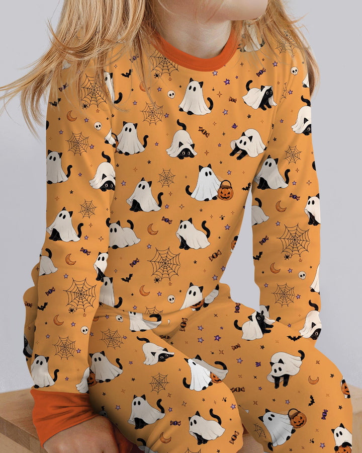 Ghost Cat Vintage Halloween Bamboo Two Piece Long Sleeve Pajama Set