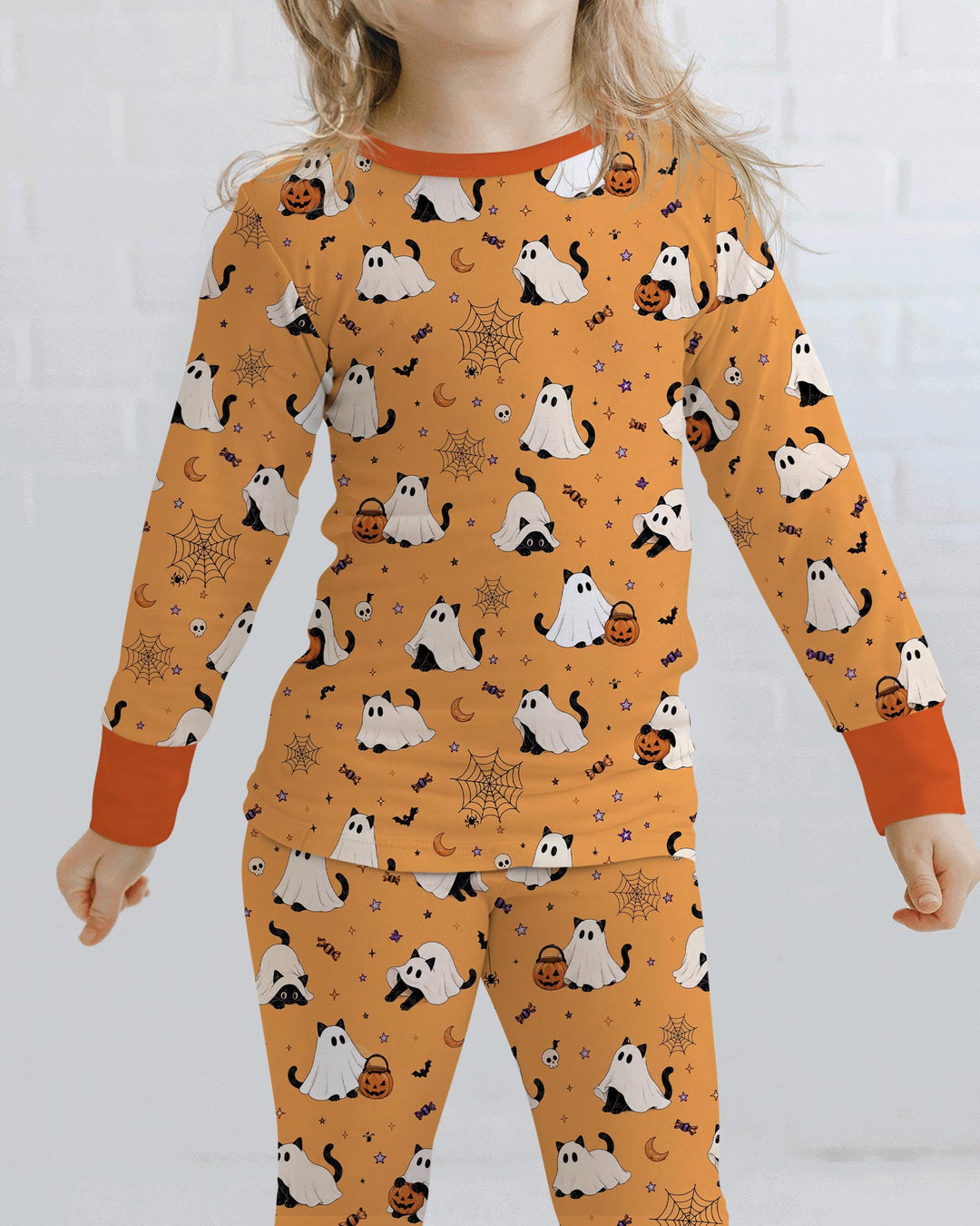 Ghost Cat Vintage Halloween Bamboo Two Piece Long Sleeve Pajama Set
