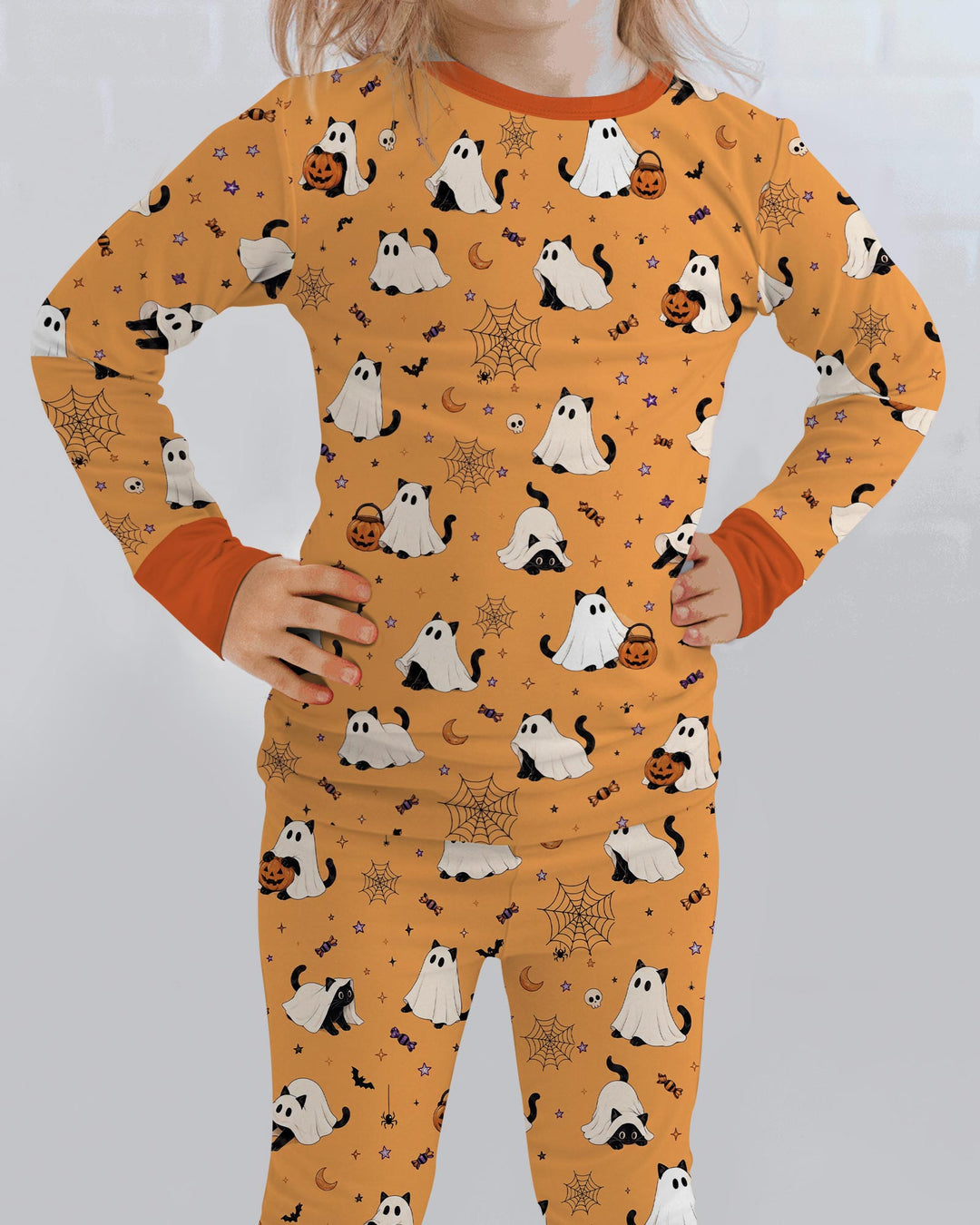 Ghost Cat Vintage Halloween Bamboo Two Piece Long Sleeve Pajama Set