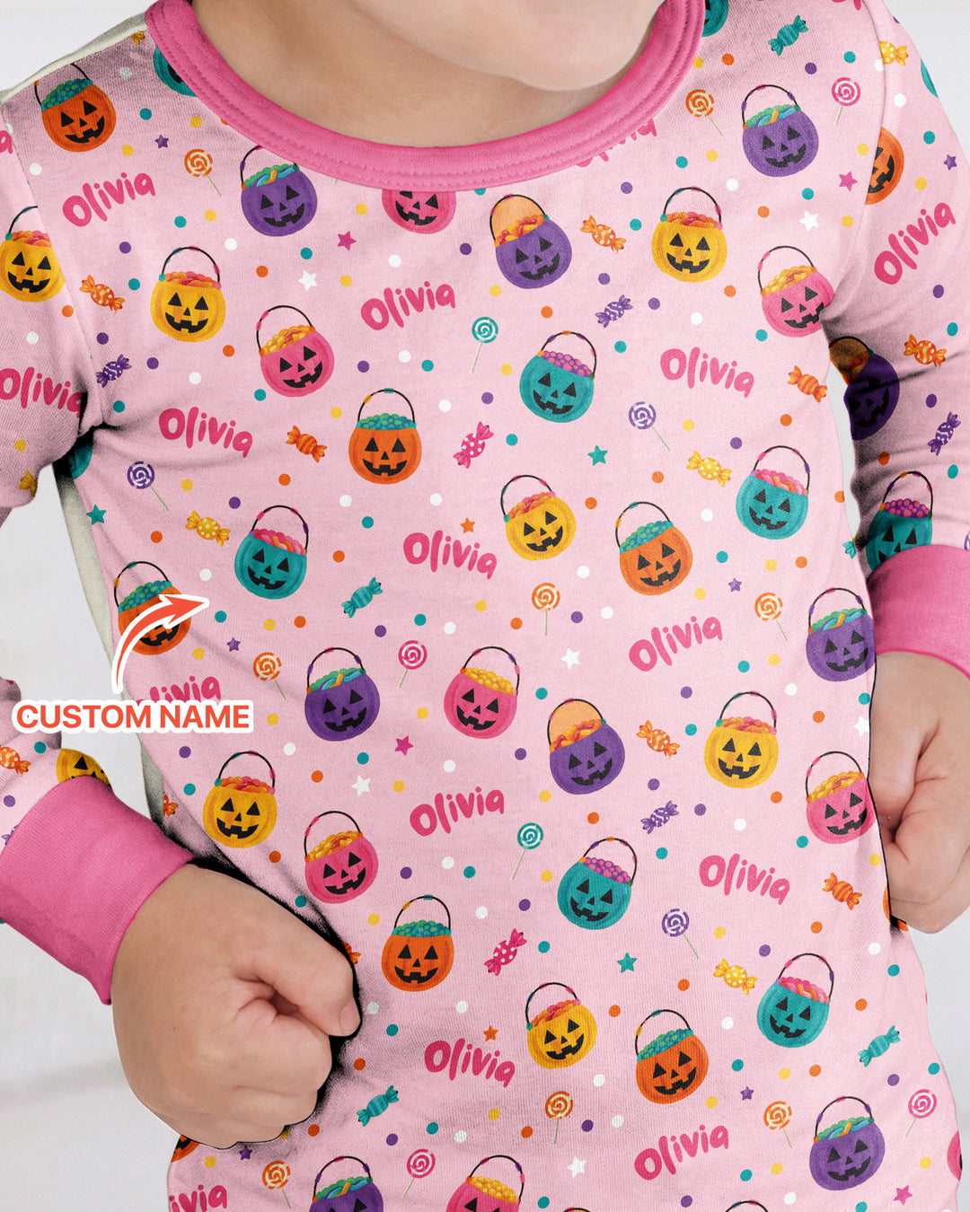 Custom Colorful Trick Or Treat Halloween Candy Bag Bamboo Two Piece Long Sleeve Pajama Set
