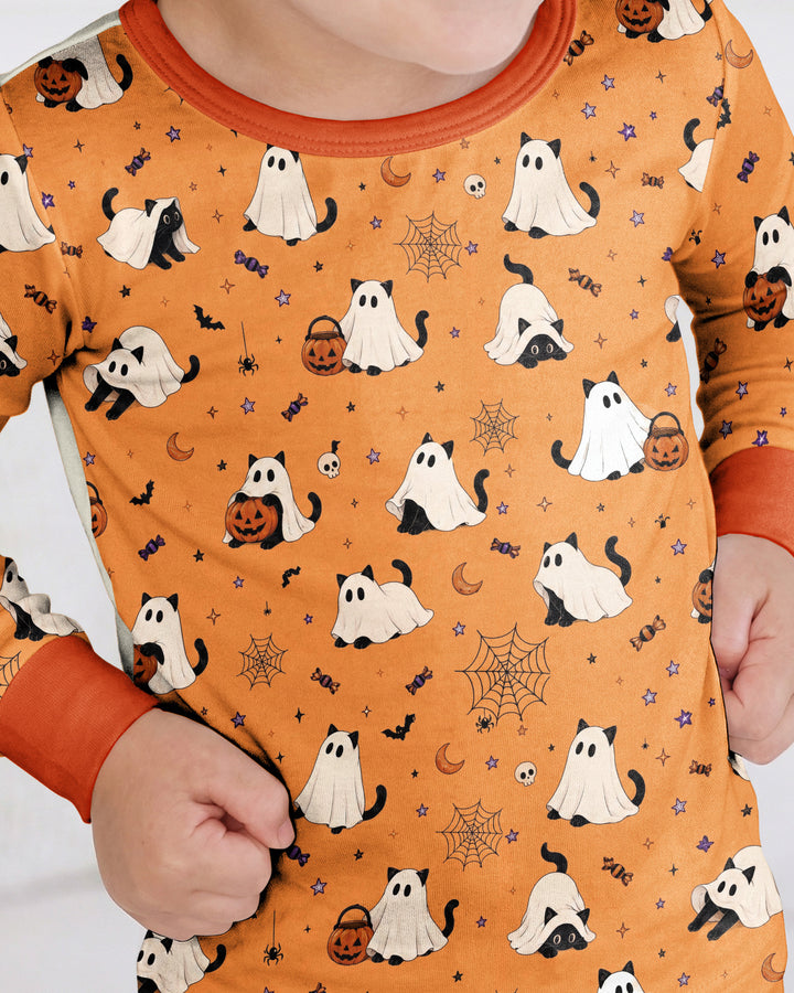 Ghost Cat Vintage Halloween Bamboo Two Piece Long Sleeve Pajama Set