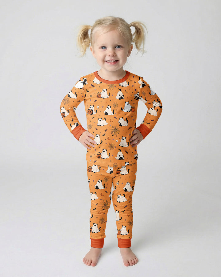 Ghost Cat Vintage Halloween Bamboo Two Piece Long Sleeve Pajama Set