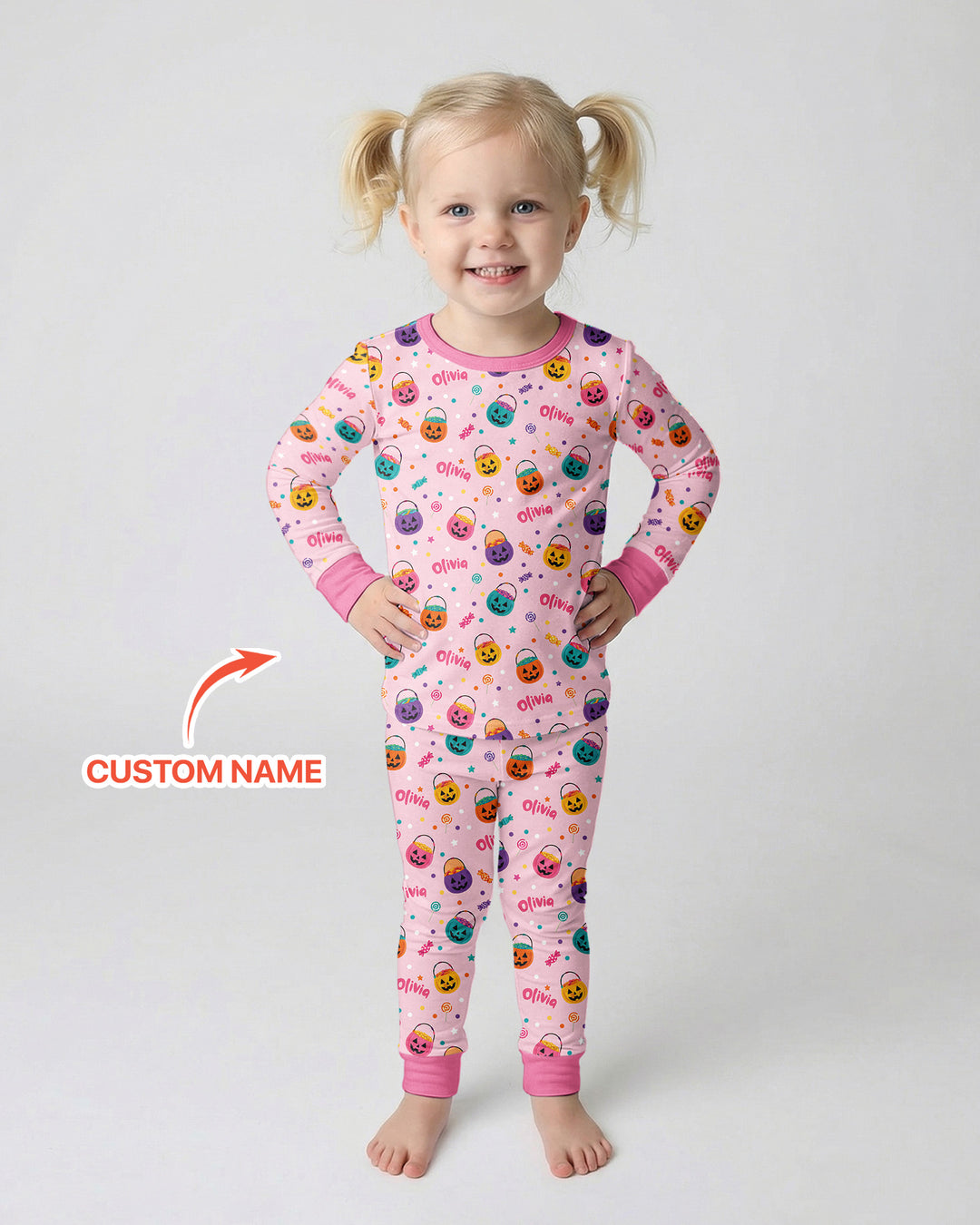 Custom Colorful Trick Or Treat Halloween Candy Bag Bamboo Two Piece Long Sleeve Pajama Set