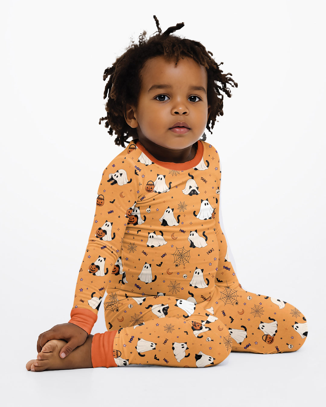 Ghost Cat Vintage Halloween Bamboo Two Piece Long Sleeve Pajama Set