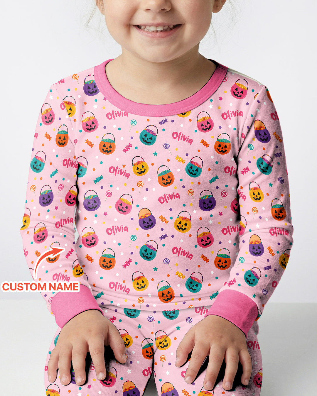 Custom Colorful Trick Or Treat Halloween Candy Bag Bamboo Two Piece Long Sleeve Pajama Set
