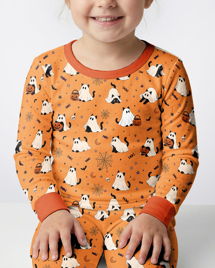 Ghost Cat Vintage Halloween Bamboo Two Piece Long Sleeve Pajama Set