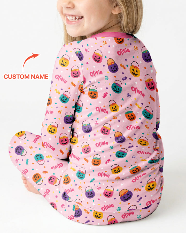 Custom Colorful Trick Or Treat Halloween Candy Bag Bamboo Two Piece Long Sleeve Pajama Set