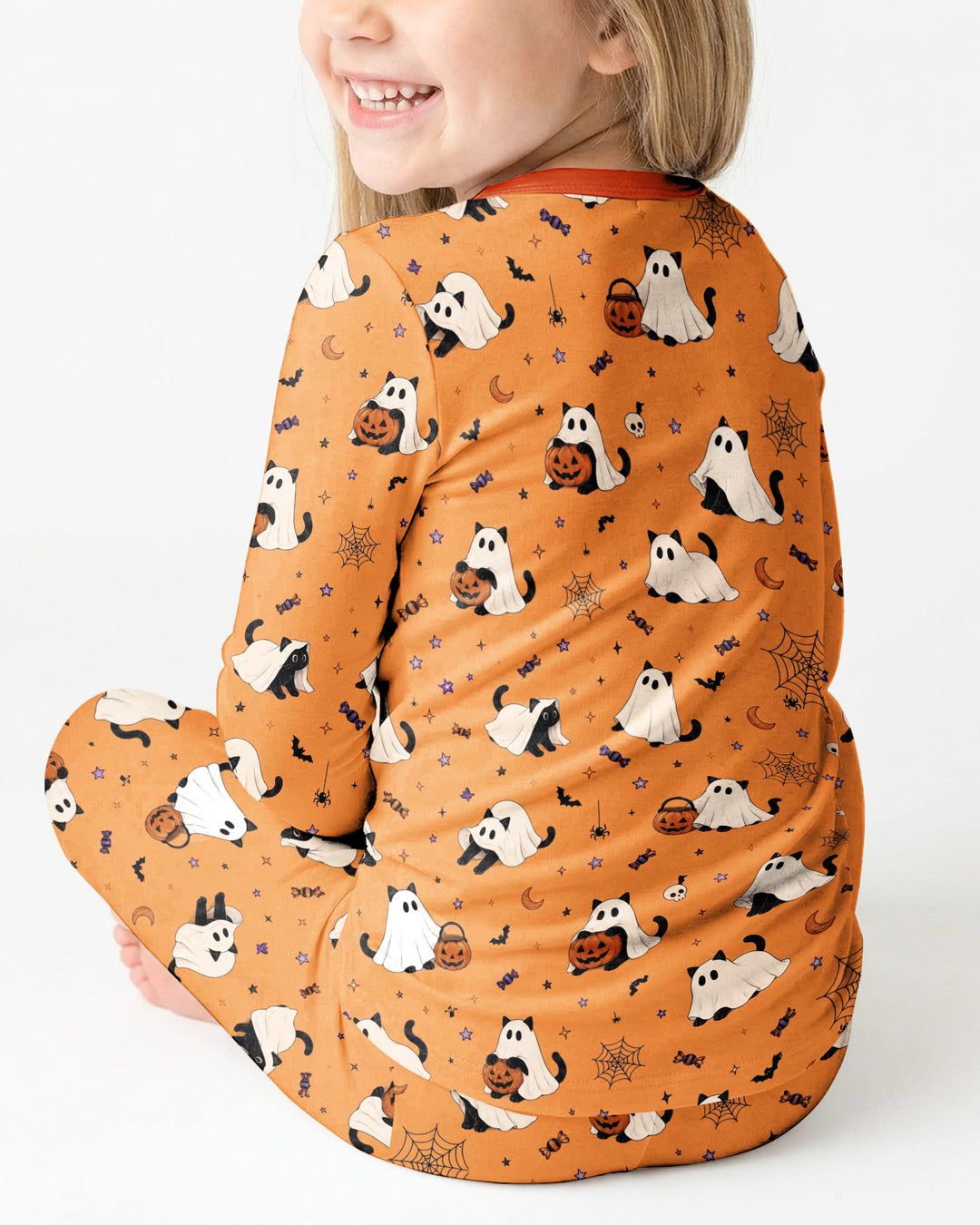Ghost Cat Vintage Halloween Bamboo Two Piece Long Sleeve Pajama Set