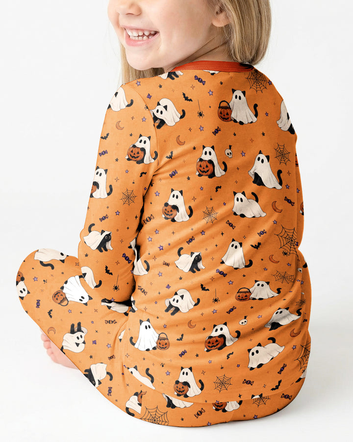 Ghost Cat Vintage Halloween Bamboo Two Piece Long Sleeve Pajama Set