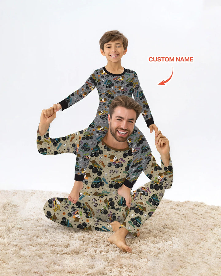 Custom Name Halloween Creepy Crusher Family Matching Bamboo Two Piece Long Sleeve Pajama Set