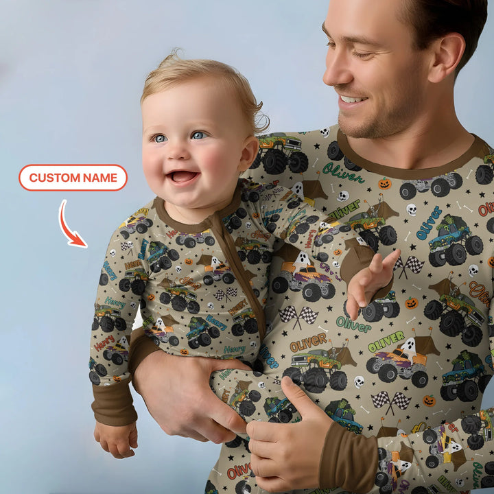 Custom Name Halloween Creepy Crusher Family Matching Bamboo Men's Pajama Set