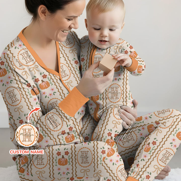 Custom Name Pumpkin Cottage Bamboo Women Pajama Set