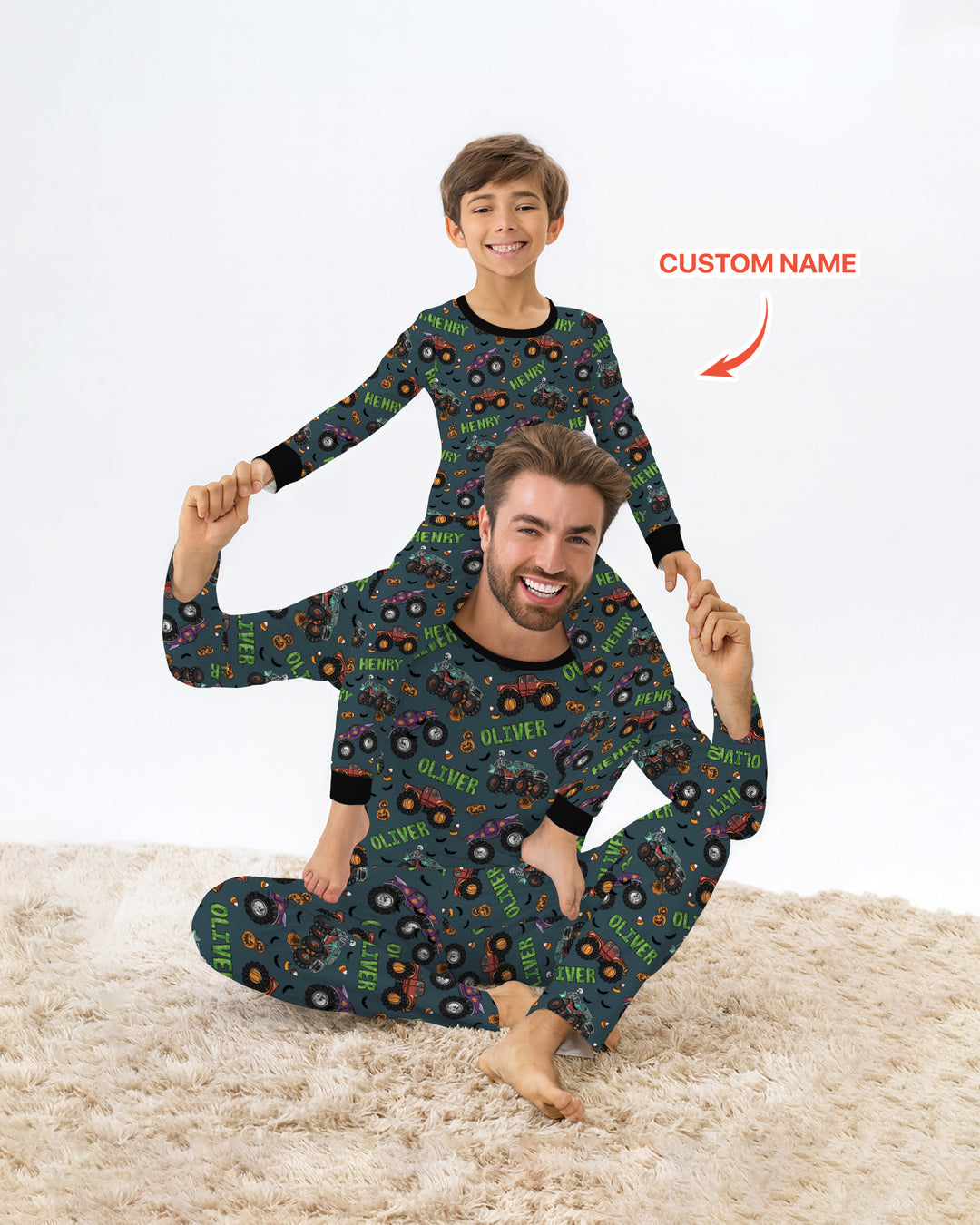 Custom Name Haunted Monster Trucks  Bamboo Two Piece Long Sleeve Pajama Set