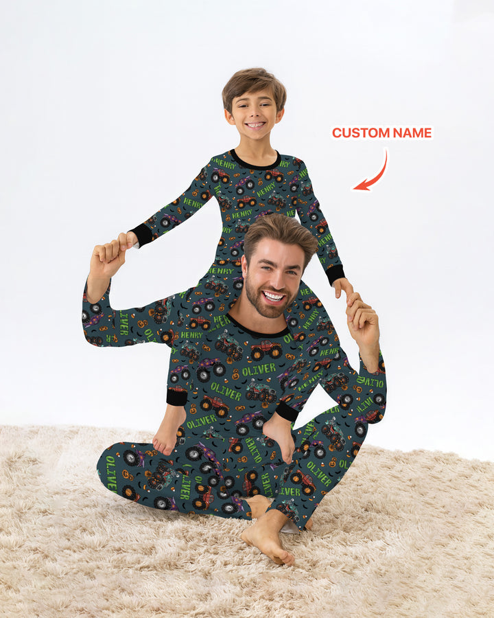 Custom Name Haunted Monster Trucks  Bamboo Two Piece Long Sleeve Pajama Set