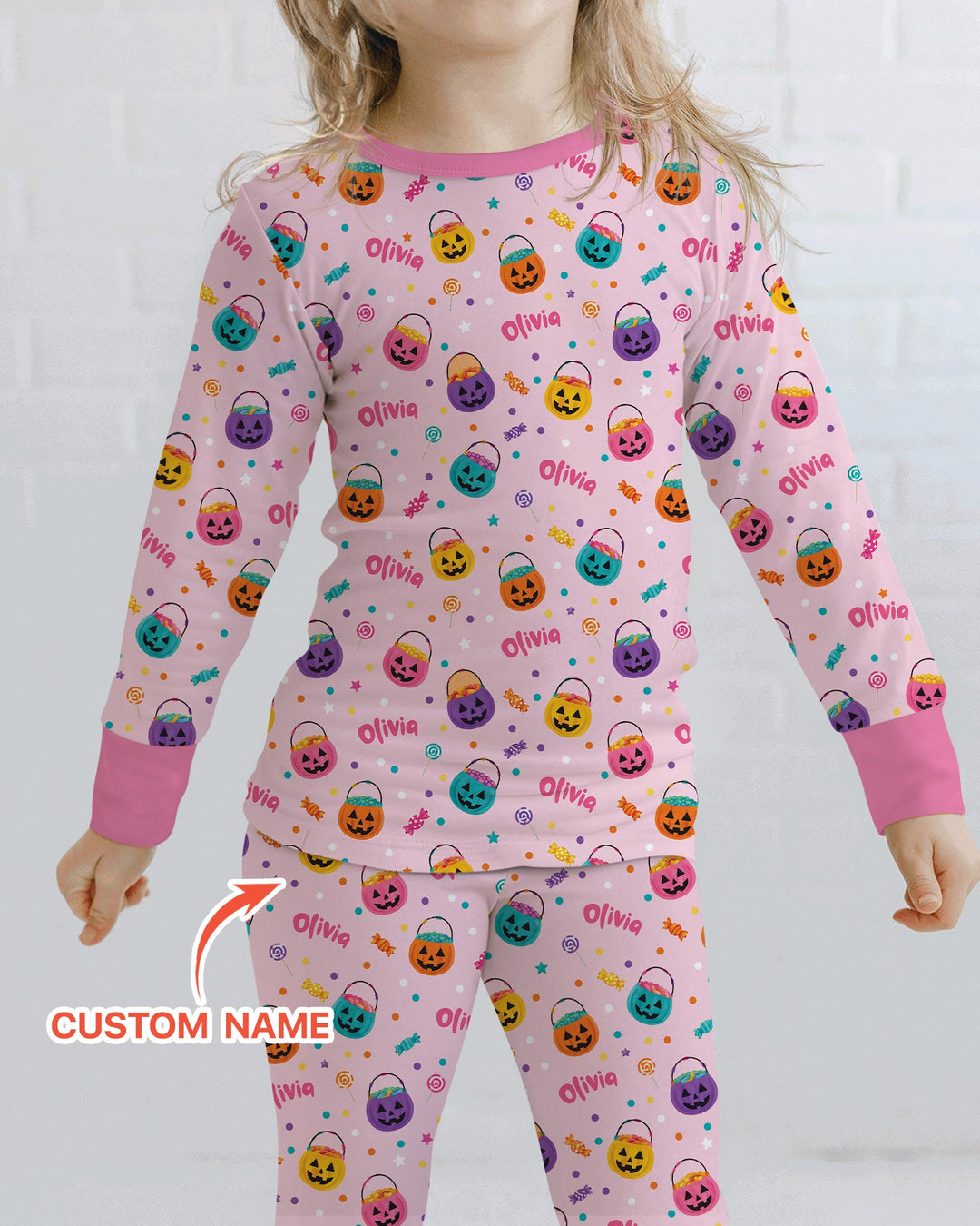 Custom Colorful Trick Or Treat Halloween Candy Bag Bamboo Two Piece Long Sleeve Pajama Set