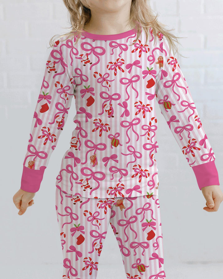 Pink Bow Christmas Magic Bamboo Two Piece Long Sleeve Pajama Set