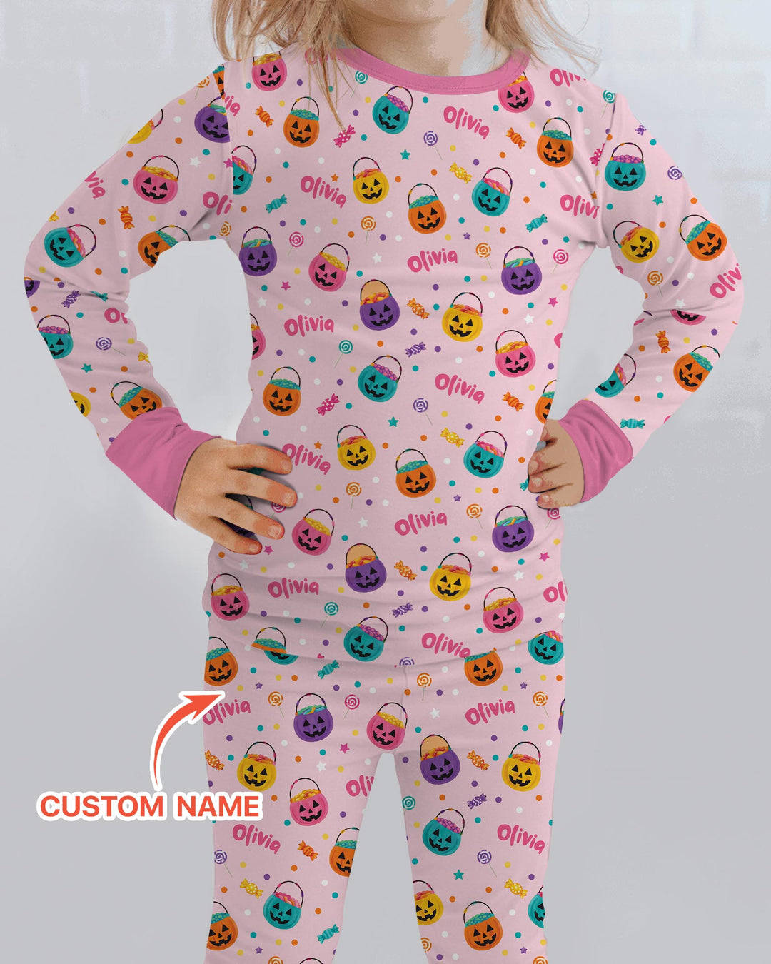 Custom Colorful Trick Or Treat Halloween Candy Bag Bamboo Two Piece Long Sleeve Pajama Set