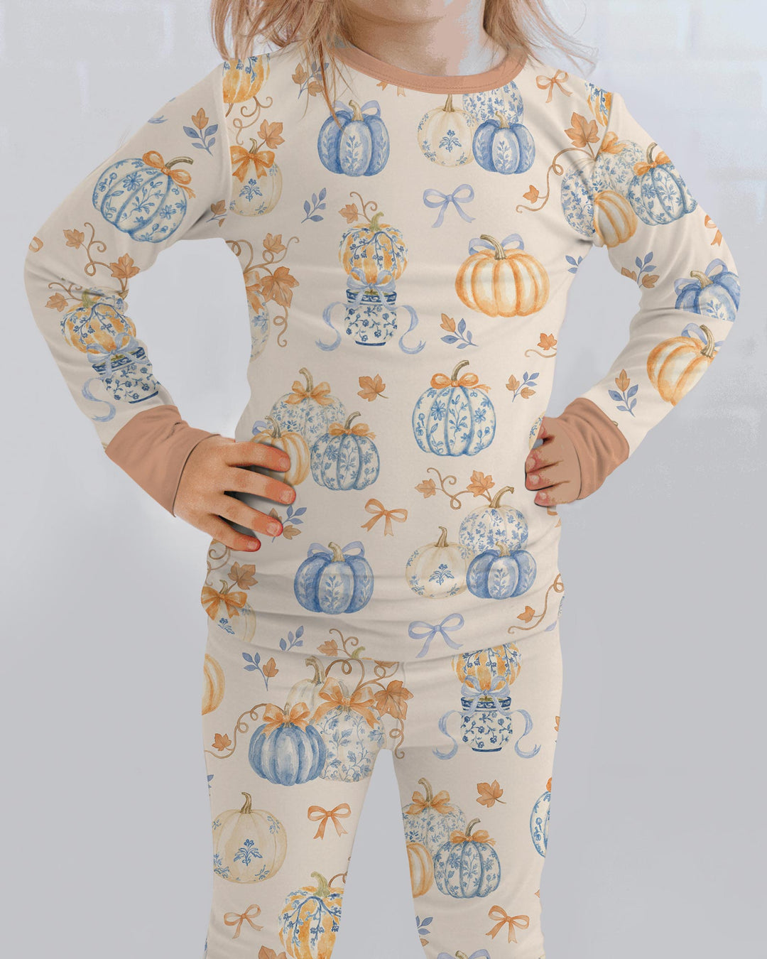 Preppy Blue and Orange Chinoiserie Pumpkin Bamboo Two Piece Long Sleeve Pajama Set