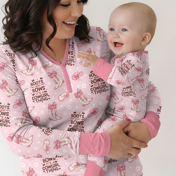 Western Cowgirl Boots And Bows Bamboo Two Piece Short Sleeve Pajama Set