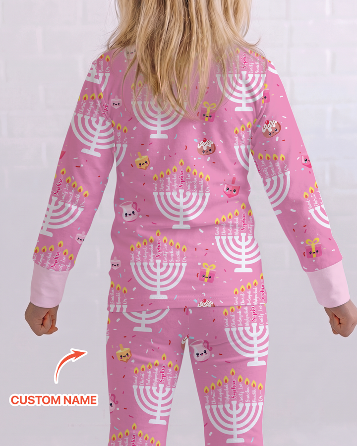 Custom Name Hannukkah Menorah Family Matching Bamboo Two Piece Long Sleeve Pajama Set