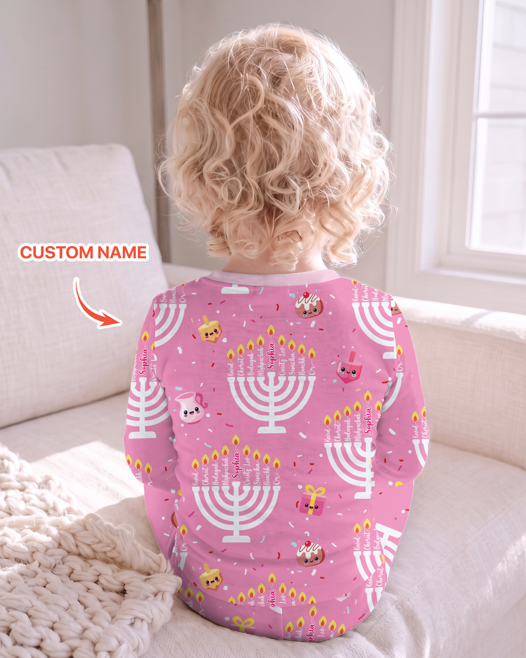 Custom Name Hannukkah Menorah Family Matching Bamboo Two Piece Long Sleeve Pajama Set