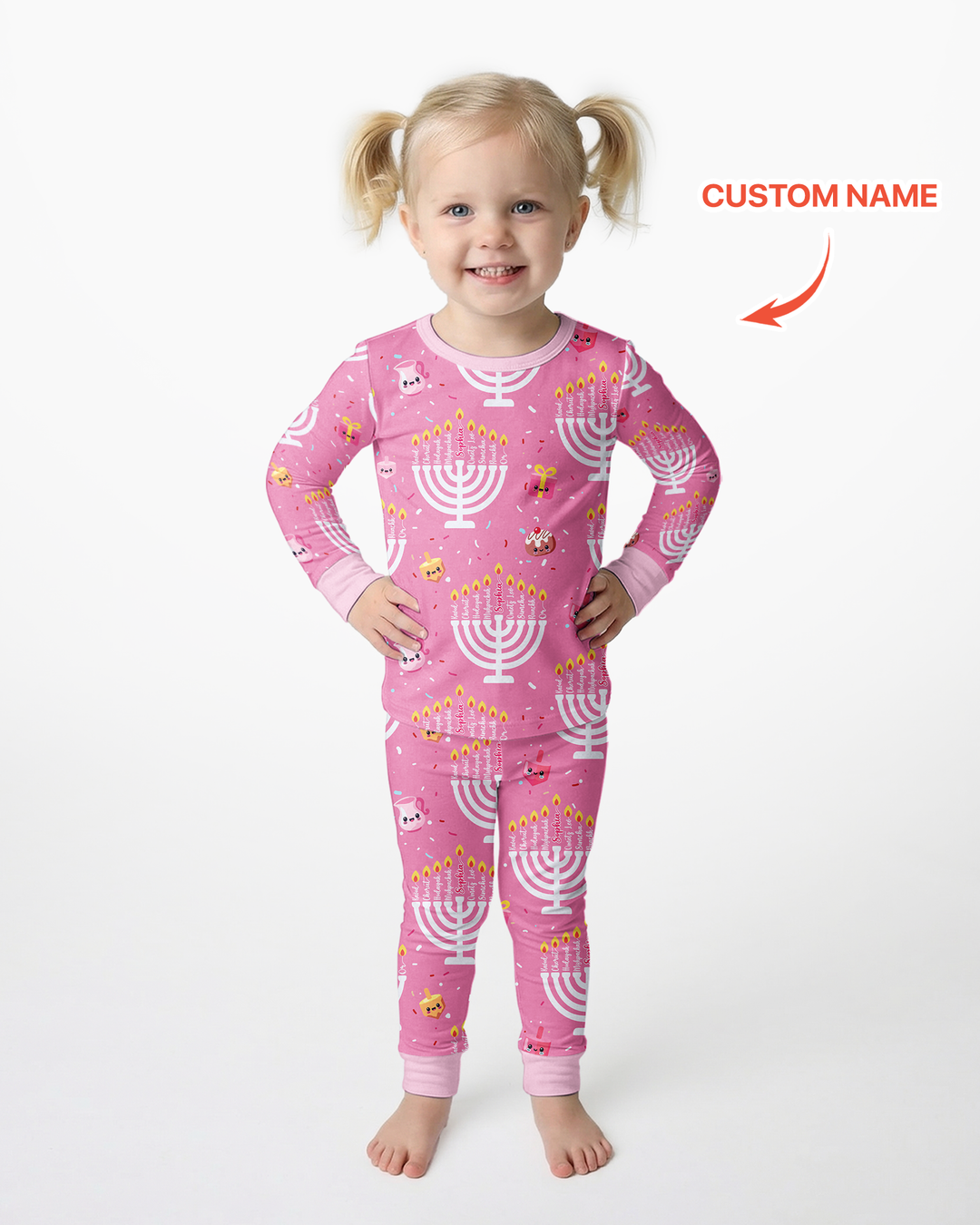 Custom Name Hannukkah Menorah Family Matching Bamboo Two Piece Long Sleeve Pajama Set