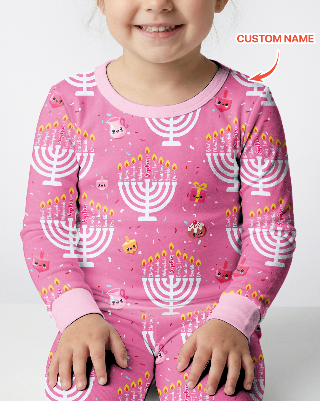 Custom Name Hannukkah Menorah Family Matching Bamboo Two Piece Long Sleeve Pajama Set