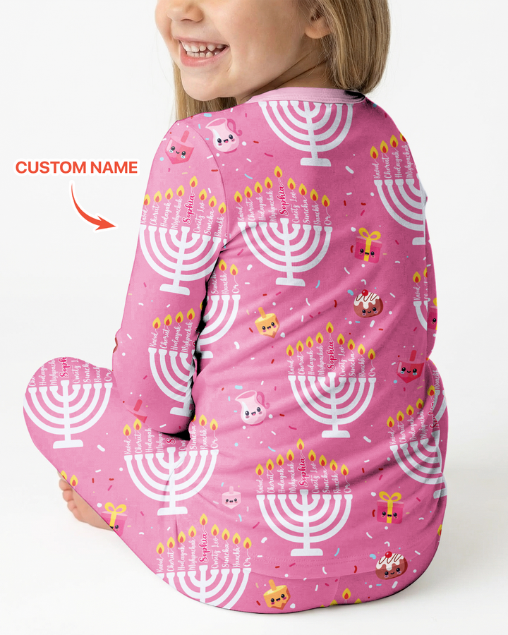 Custom Name Hannukkah Menorah Family Matching Bamboo Two Piece Long Sleeve Pajama Set