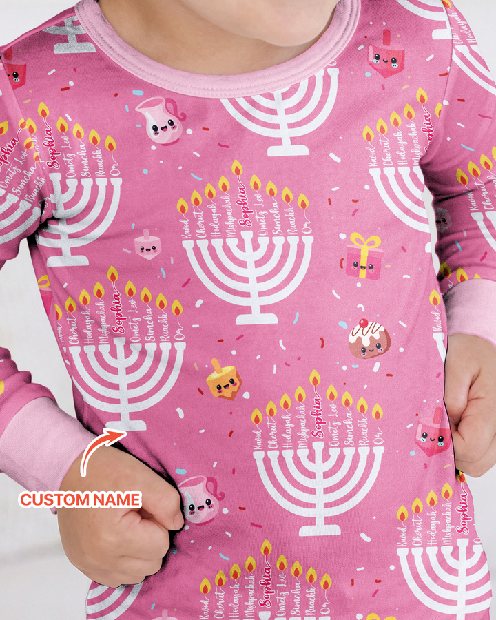 Custom Name Hannukkah Menorah Family Matching Bamboo Two Piece Long Sleeve Pajama Set