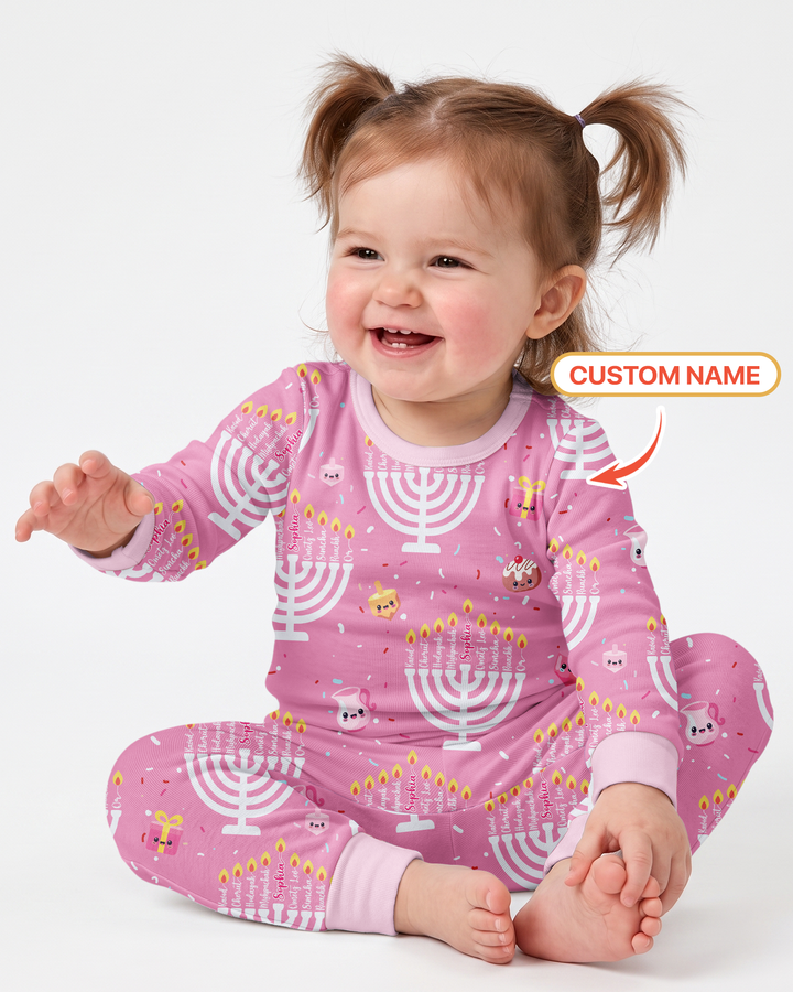 Custom Name Hannukkah Menorah Family Matching Bamboo Two Piece Long Sleeve Pajama Set