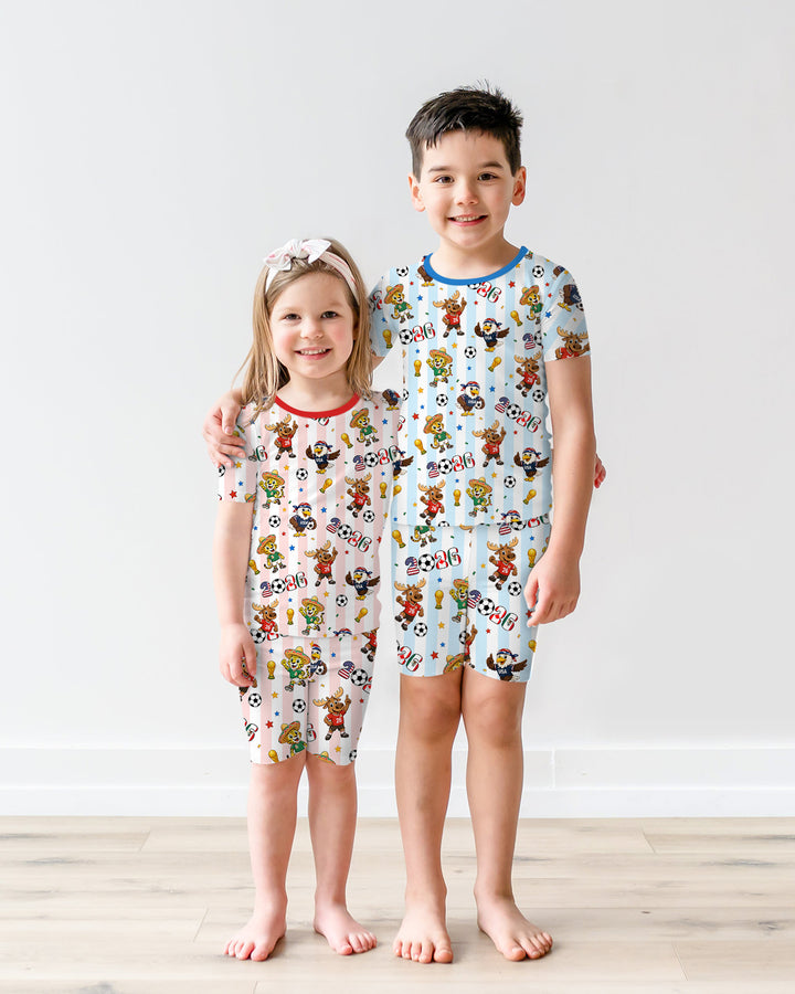 Striped Cute Mascots Soccer Cup 2026 Bamboo Two Piece Short Sleeve Shorts Pajama Set