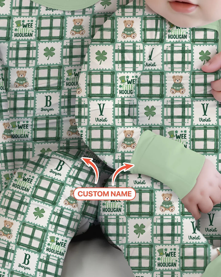 Custom Name Teddy Bear Gingham St. Patrick's Day Bamboo Convertible Zippy