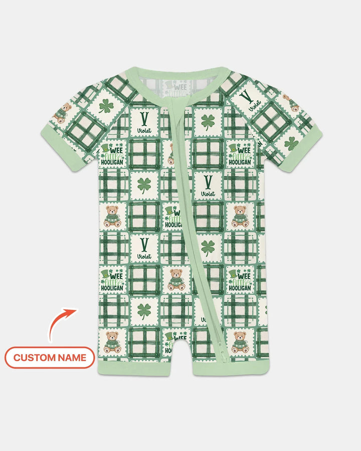 Custom Name Teddy Bear Gingham St. Patrick's Day Bamboo Shorty Zippy