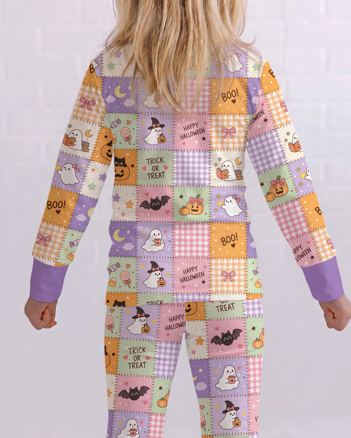 Cute Halloween Trick Or Treat Patchwork Bamboo Two Piece Long Sleeve Pajama Set