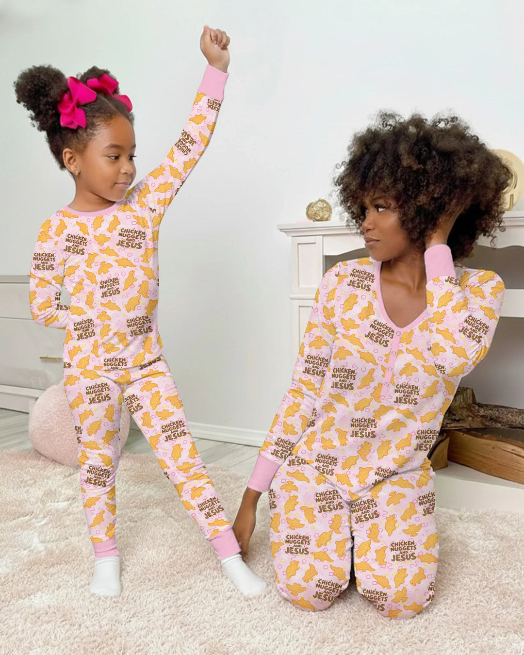 Chicken Nuggets and Jesus Family Matching Bamboo Women Pajama Set