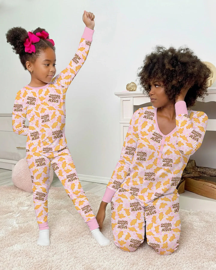 Chicken Nuggets and Jesus Family Matching Bamboo Two Piece Long Sleeve Pajama Set